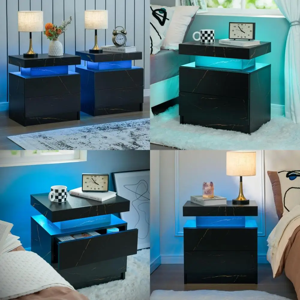 wooden led nightstand with 2 drawers for bedroom, bedside table with built-in lights