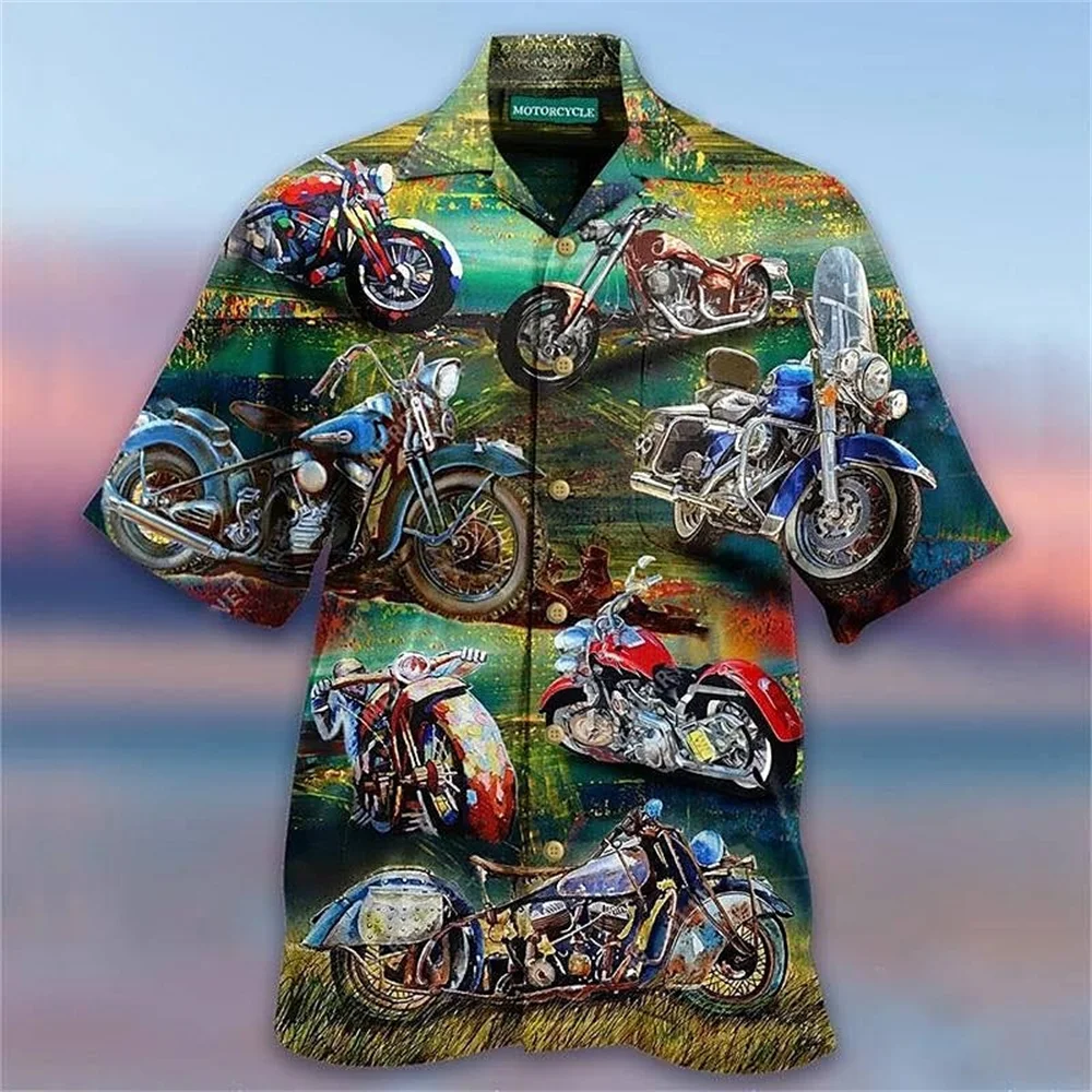 Hawaiian Men\'s Shirt 3d Motorcycle Print High-Quality Men\'s Clothing Summer Casual Short Sleeved Loose Oversized Cuban Neck Tops