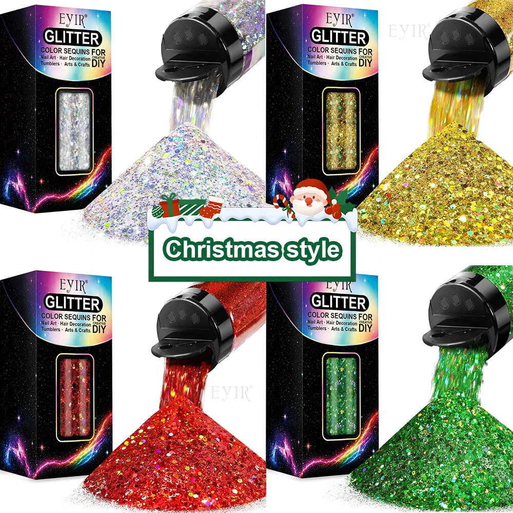 EYIR Christmas Chunky Glitter 4 Colors 50g Iridescent Glitter Flakes for Epoxy Resin Tumblers Nail Art Holiday DIY Decorations