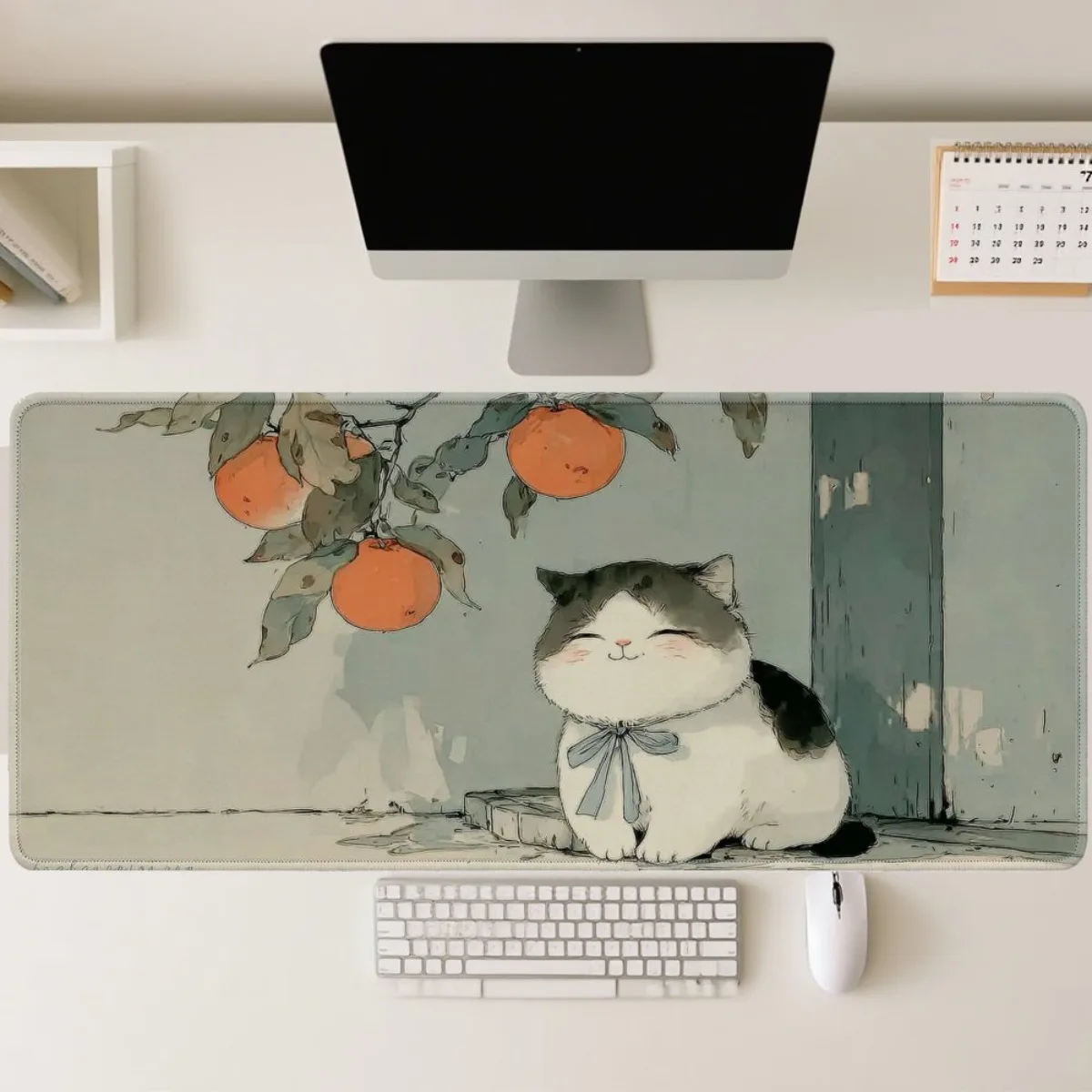 

Резиновый игровой коврик для мыши с милым кошачьим принтом, зелеными листьями и оранжевым узором, моющийся, нескользящий, 2D, плоский настольный коврик