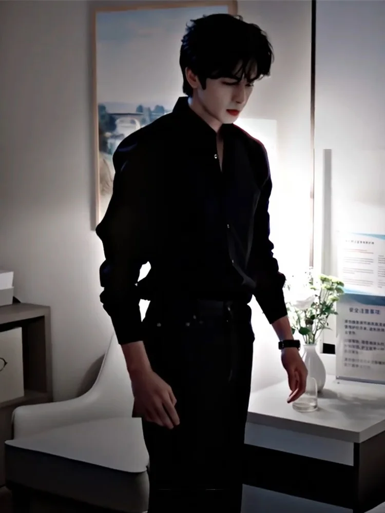 

Bla Fce Lined Collared irt Men's Autumn Winter Faionable Inner Wear Stand Fit Long Sve Anti Wrinkle Deformation