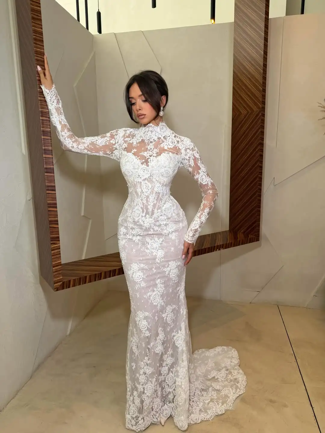 White Evening Dress For Women Sheer Floral Lace Long Sleeve High Neck Fitted Corset Mermaid Bridal Dress فستان مسائي دانتيل أبيض