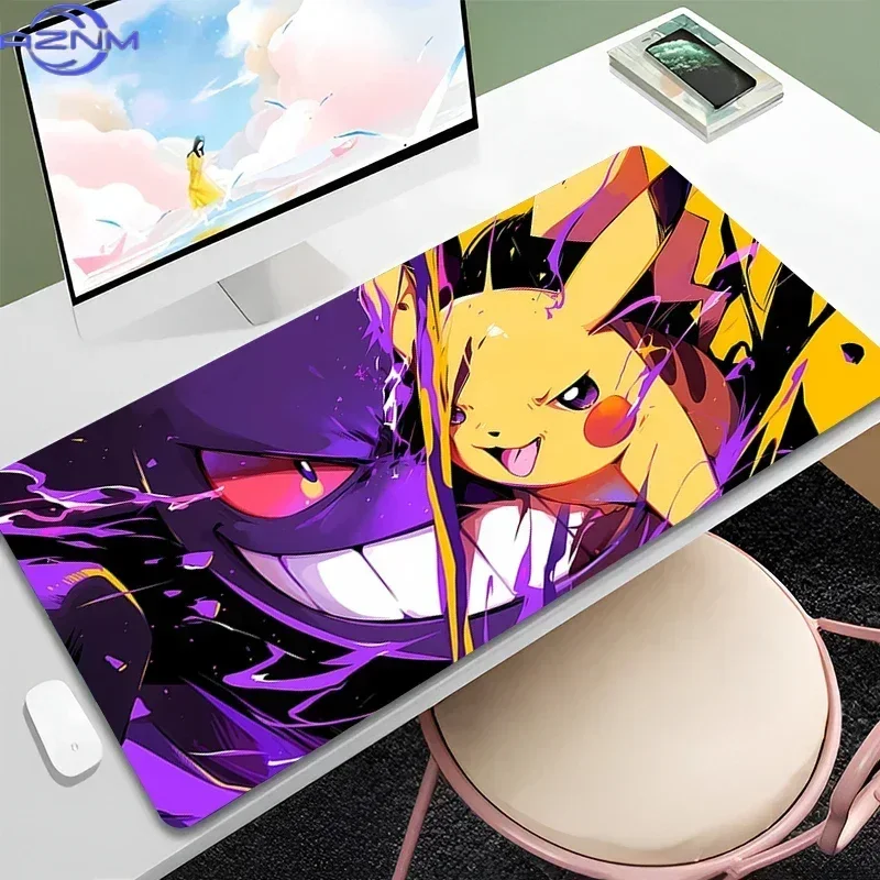 Large Extended Mousepad, Bold Purple Yellow Anime Cartoon Creature Pair Art Desk Mat, Rubber Non-Slip Base, Waterproof Gaming Ke