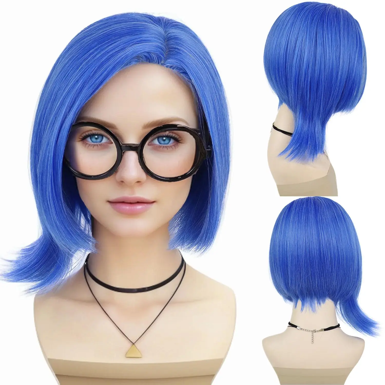 

Synthetic Blue Sadness Wigs with Black Glasses Frames Girls Bob Wig Anime Women Heat Resistant Cosplay Halloween Costume Party