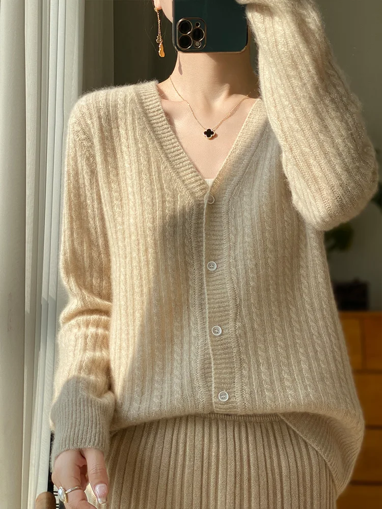 Cashmere Knitted 100% Merino Wool Fashion Long sleeved Top V-neck Cardigan Sweater Spring New Release