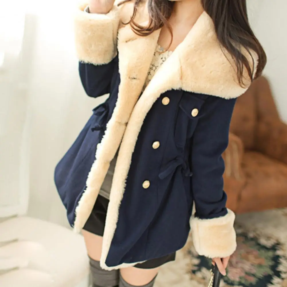 Autumn Winter Women Coat Contrast Color Lapel Long Sleeves Slim Thick Double Breasted Warm College Cardigan Casual Female Coat