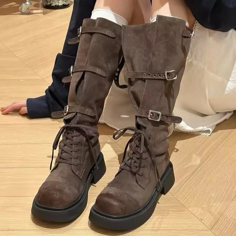 

Designer Women's High Boots Flats Fashion Knee High Shoes 2025 Winter Lace Up Chelsea Boots New Trend Gothic Retro Mujer Botas