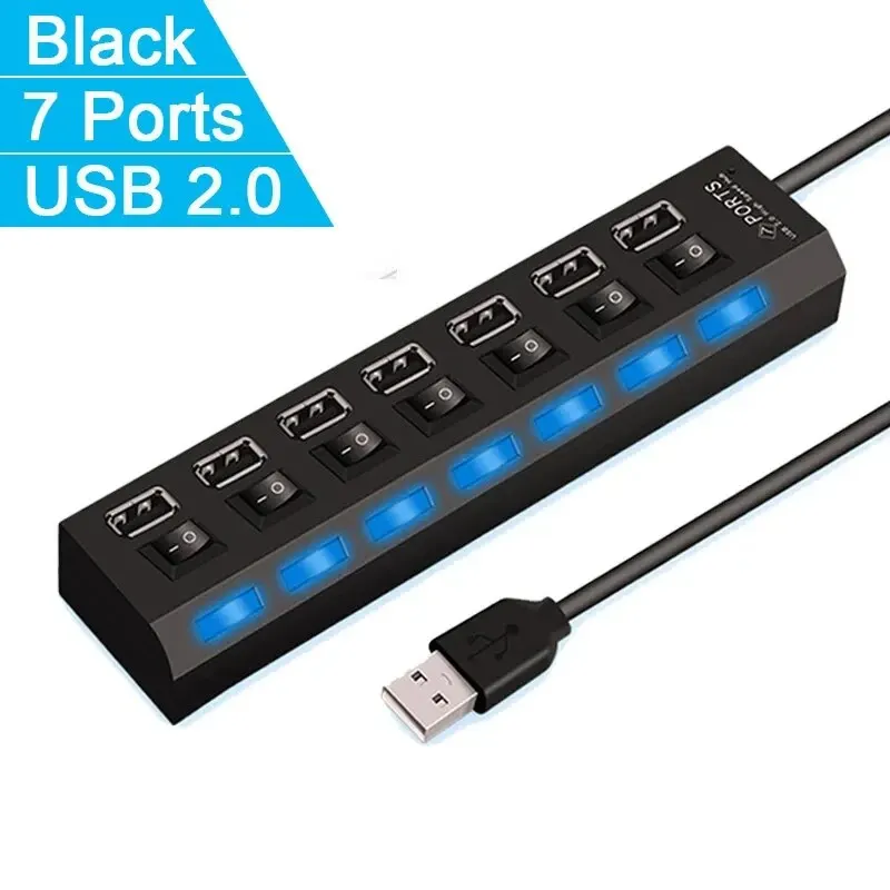 High-Speed USB Hub 2.0 Adapter – Multi USB Splitter & Extender with LED Switch for PC/Laptop (4-Port/7-Port) 1