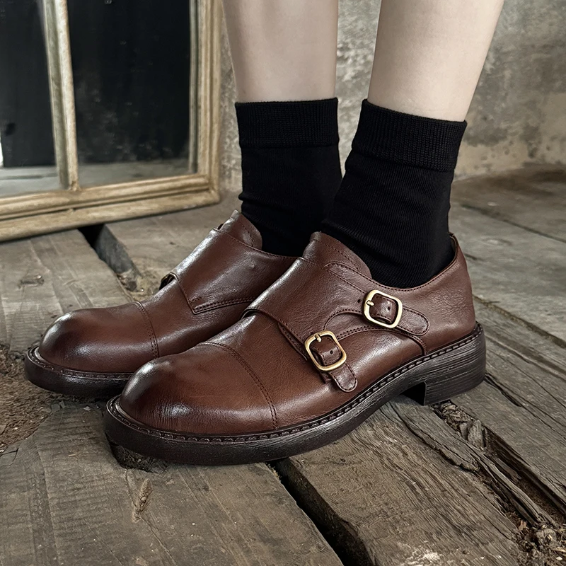 

Women Brogue Shoes Buckle Shoes Square Heel Basic British Style Oxfords Woman Spring Autumn Daily Footwear Cow Leather Oxfords