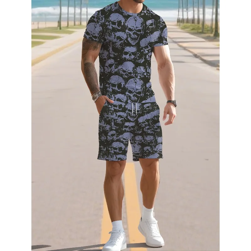 2025 Summer New Trend 3D Digital Printing Casual Round Neck Short Sleeve Shorts Set Retro Men's Fashion T-shirt Creative