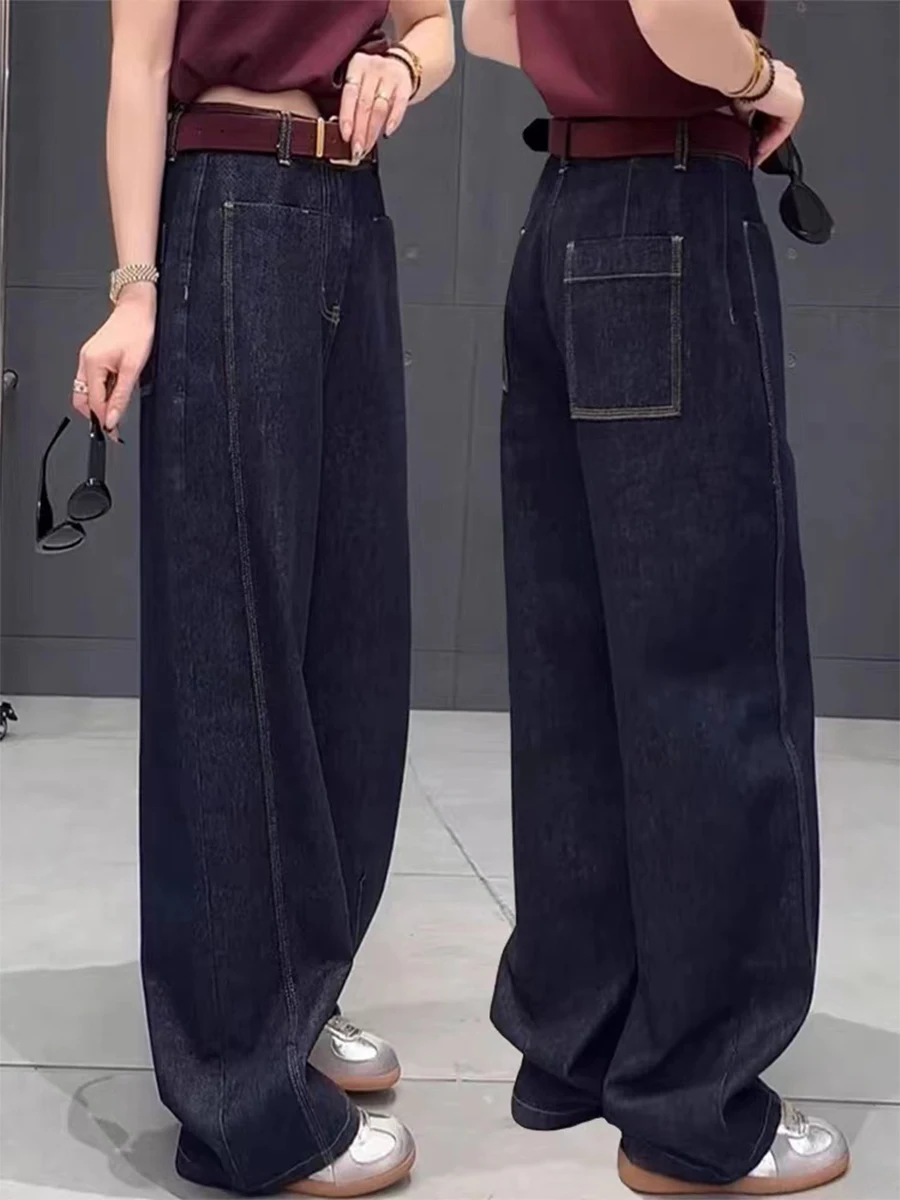 

Loose High Waist Straight Leg Jeans Women's plus Size Spring Autumn Pear ape Body Casual Wide Leg Pants Blue Denim