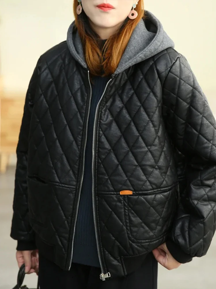 Amax luluE 2025 冬の女性のルースフェイクレザージャケットヨーロッパスタイルパッド入りパンクカジュアル PU コートヴィンテージ黒ゴシック服