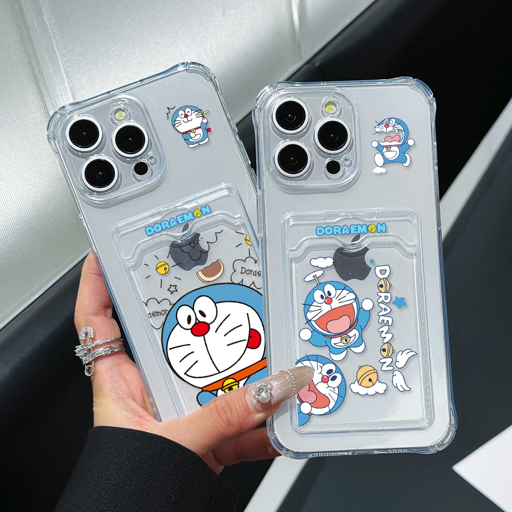 Lovely Doraemon Phone Case for iPhone 16 15 14 Plus 13 12 Mini 11 Pro Max X Xs XR 7 8 Card Pocket Soft Clear Cover