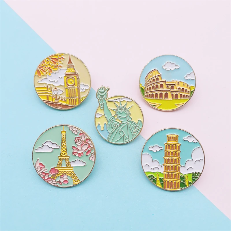 Cartoon Sweet Tourism Scenery World Famous Scenic Spot Enamel Pins Tower Flowers Round Alloy Brooch Badge Jewelry Gift For Kid