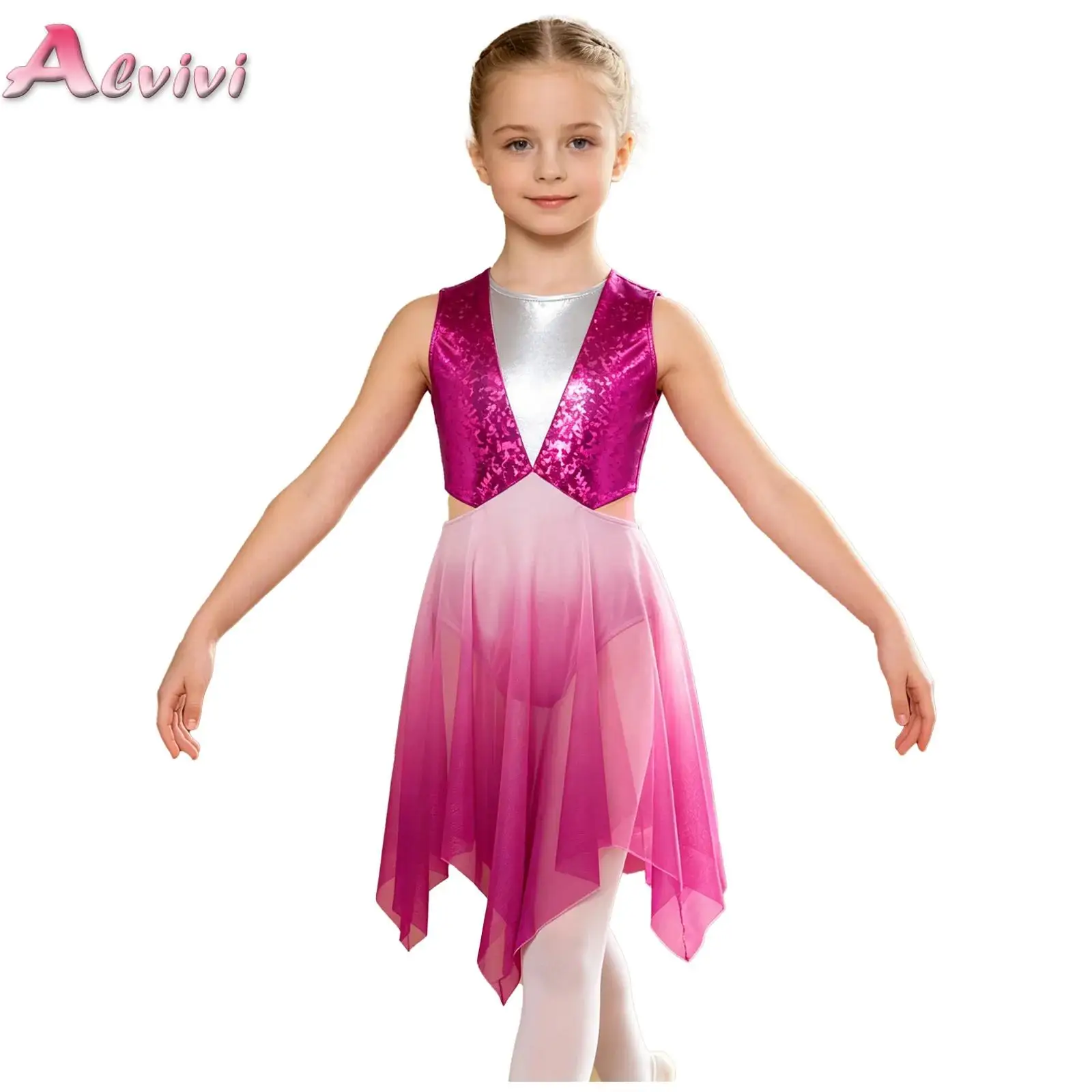 Kids Girls Liturgical Worship Praise Ballet Lyrical Dance Tunic Dresses Metallic Gymnastics Lyrical Contemporary Dance Costume
