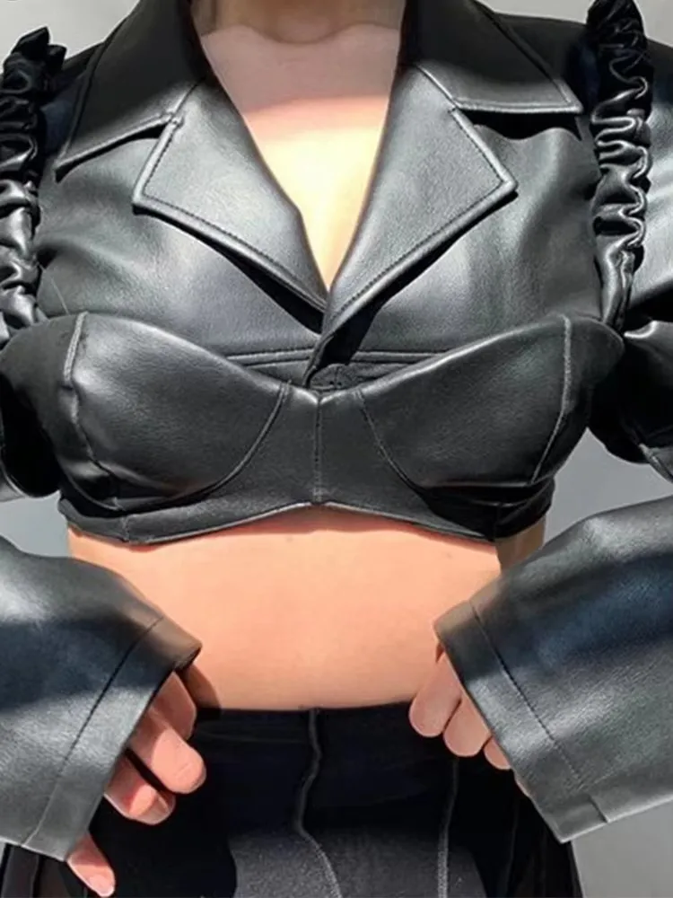 Autumn Short Black Soft Pu Leather Blazer Jacket Women Luxury Designer Fake 2 Pieces Clothes Runway Sexy Cropped Top Streetwear