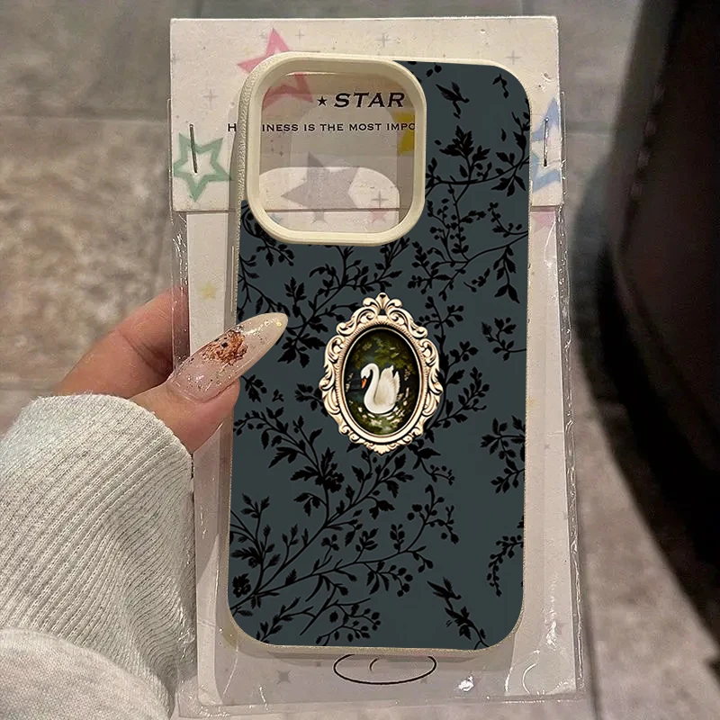 Black Branch Swan Retro Frame Pattern Phone Case For iPhone 15 Plus XR 17 16 15 14 13 12 11 Pro Max 16 Silicone Matte Soft Cover