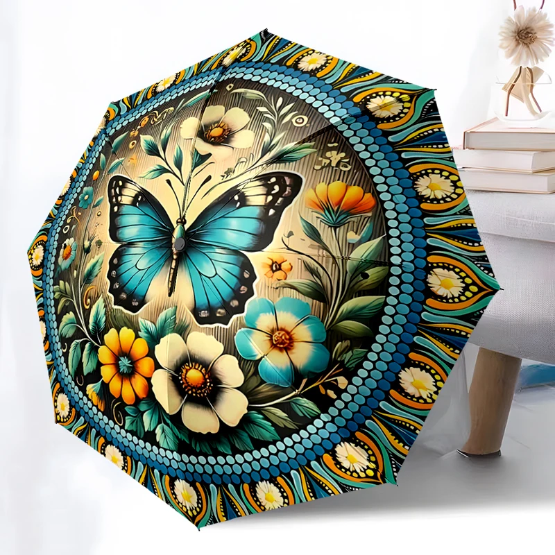 Butterfly Theme Folding Umbrella - Fashionable Auto-Open Design 8 Iron Ribs Plastic Handle Foldable Sunshade，Perfect Gifts