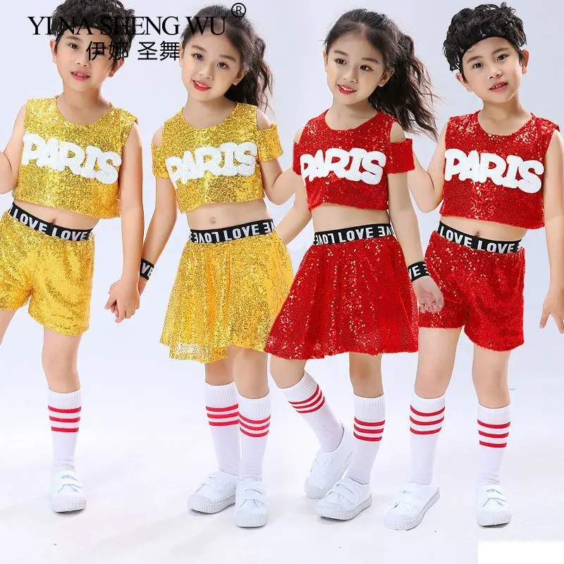Nouveaux Costumes de danse Jazz pour enfants, ensemble haut court et jupe/short à paillettes pour garçons et filles, tenues de scène de danse de rue moderne Hip Hop