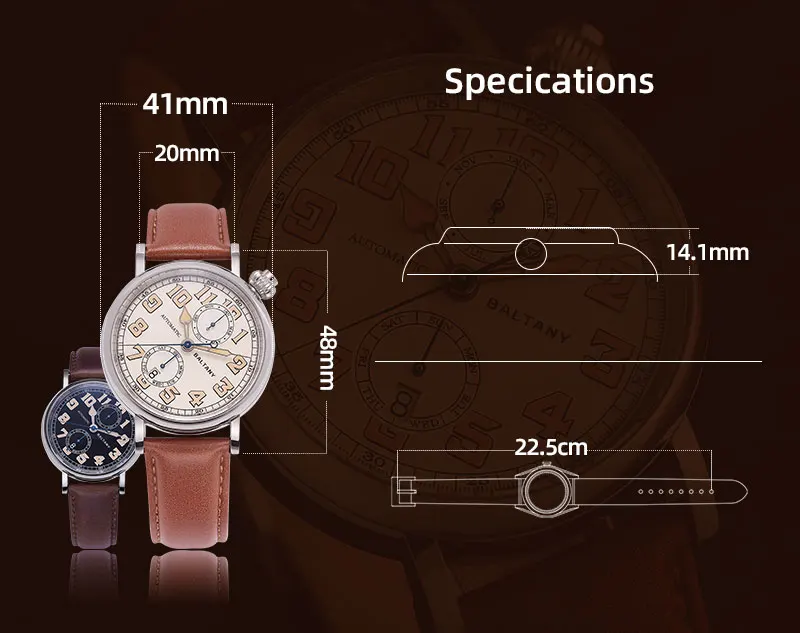 Baltany S6047 Automatikuhr Typ A7 1935 Aviator Hommage Uhr 1930er Vintage Fliegeruhr Mechanische Pilotenuhr Leuchtend Saphirglas Herren – Detail 2