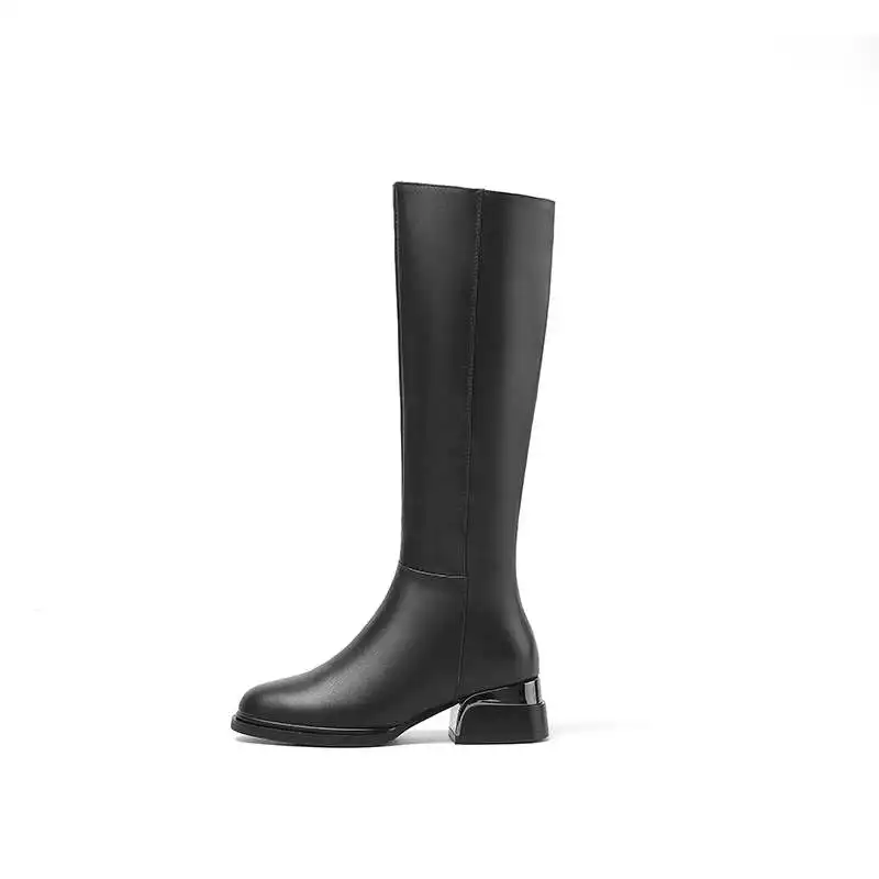 Krazing Pot 2024 Big Size 44 45 Cow Leather Round Toe Med Heel Knee-high Boots Zipper Office Lady Dress Riding Thigh High Boots