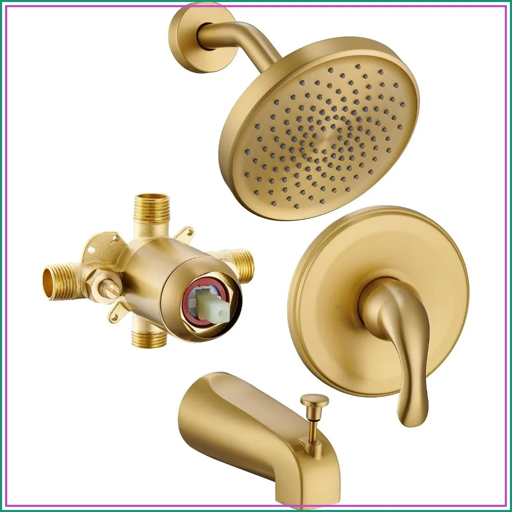 Brushed Gold Shower Tub Faucet Set with Valve, 6 Inch Rain Shower Head and Tub Spout, High-Pressure Trim Kit