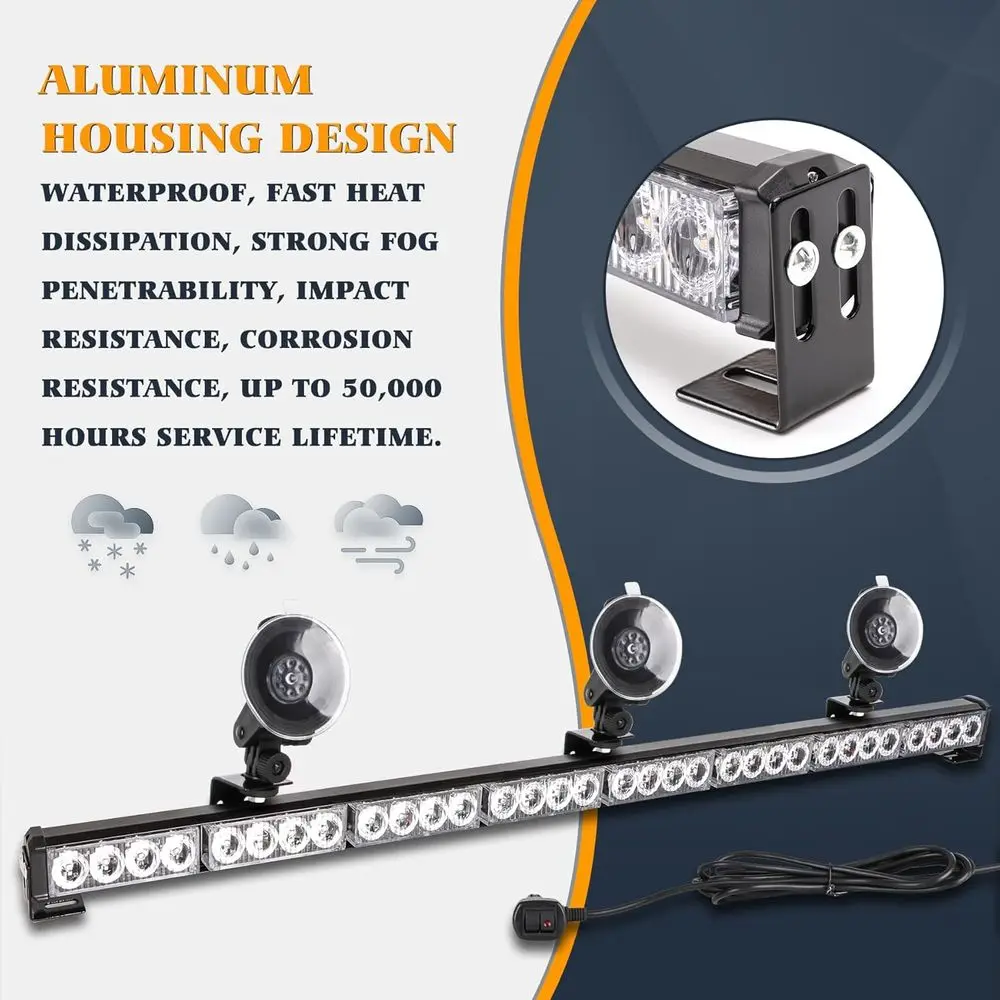 Barra luminosa stroboscopica per avviso traffico 35,5 con 32 LED, 13 modelli flash, ambra/bianco, supporto a ventosa