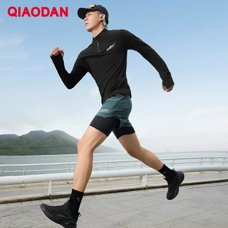 QIAODAN Feiying Men T-Shirts Quick Dry Long Sleeve Tops Semi Zipper Fall Jogger Breathable Outdoor Sport Clothing QXBTL3253108AR