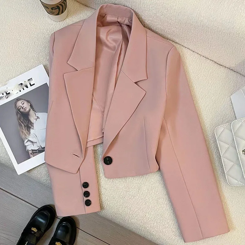 Lucyever Korean Cropped Blazers Women Autumn New Simple Single-Button Suit Jacket All-Match Long Sleeve Office Lady Outwear