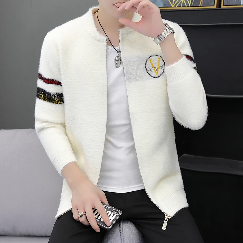 

Модный осенне-зимний мужской вязаный кардиган-пальто белого цвета, приталенный, с индивидуальным дизайном, в корейском стиле, с геометрическим узором