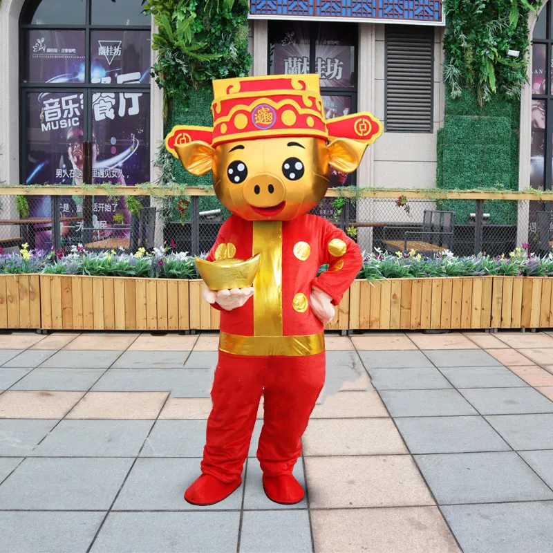 

Chinese New Year God of Fortune Pig Mascot Costume with Props Gold Ingots Cosplay Party Dress Suits for Halloween Xmas Easter