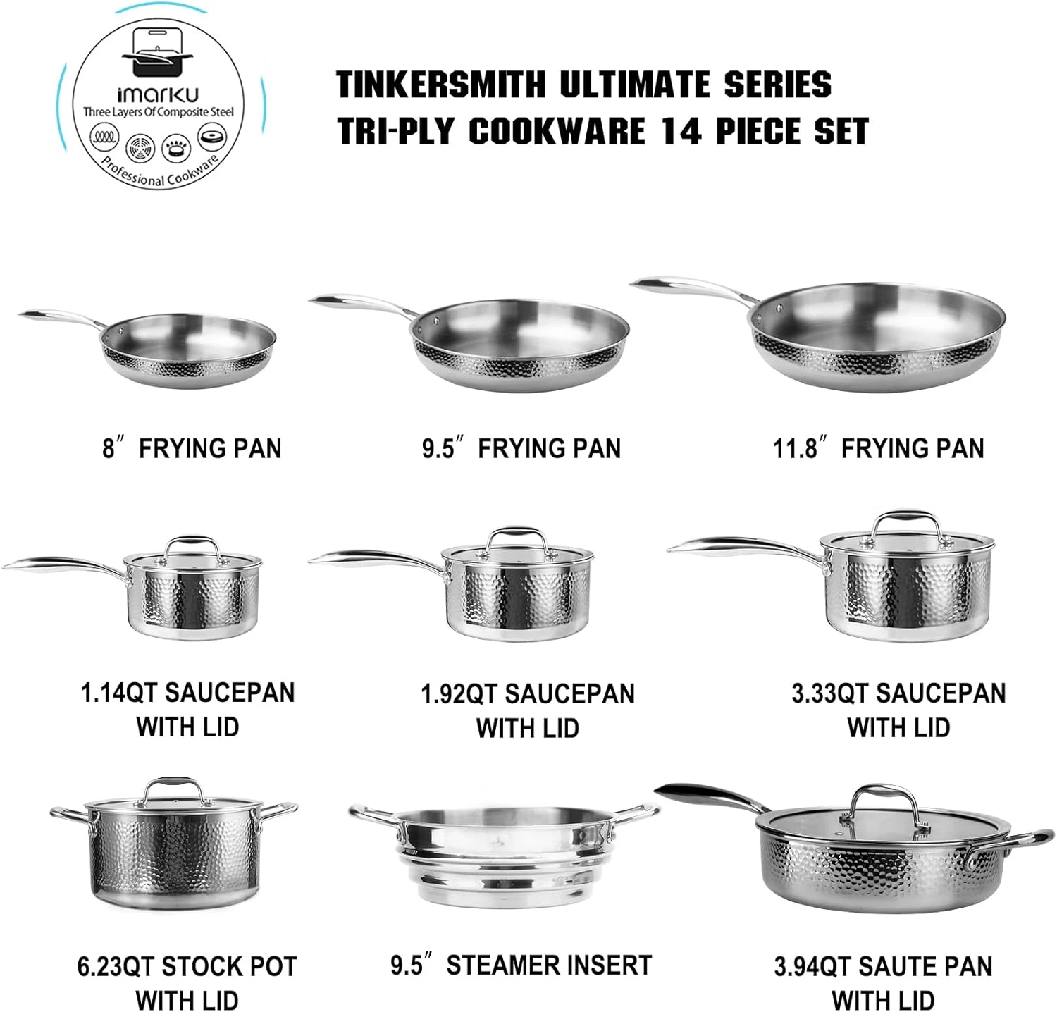 Stainless Steel Pots and Pans Set, 14-Piece Tri-Ply Hammered Stainless Steel Cookware Set