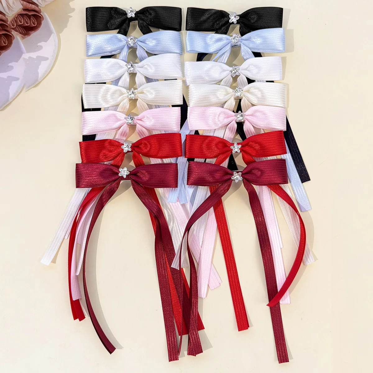 36pc Satin Ribbon Bow Hair Clips for Women Girls Kids with Long Tassel Tail Rhinestone Star Hairgrips Fashionable Hairpins Bulk