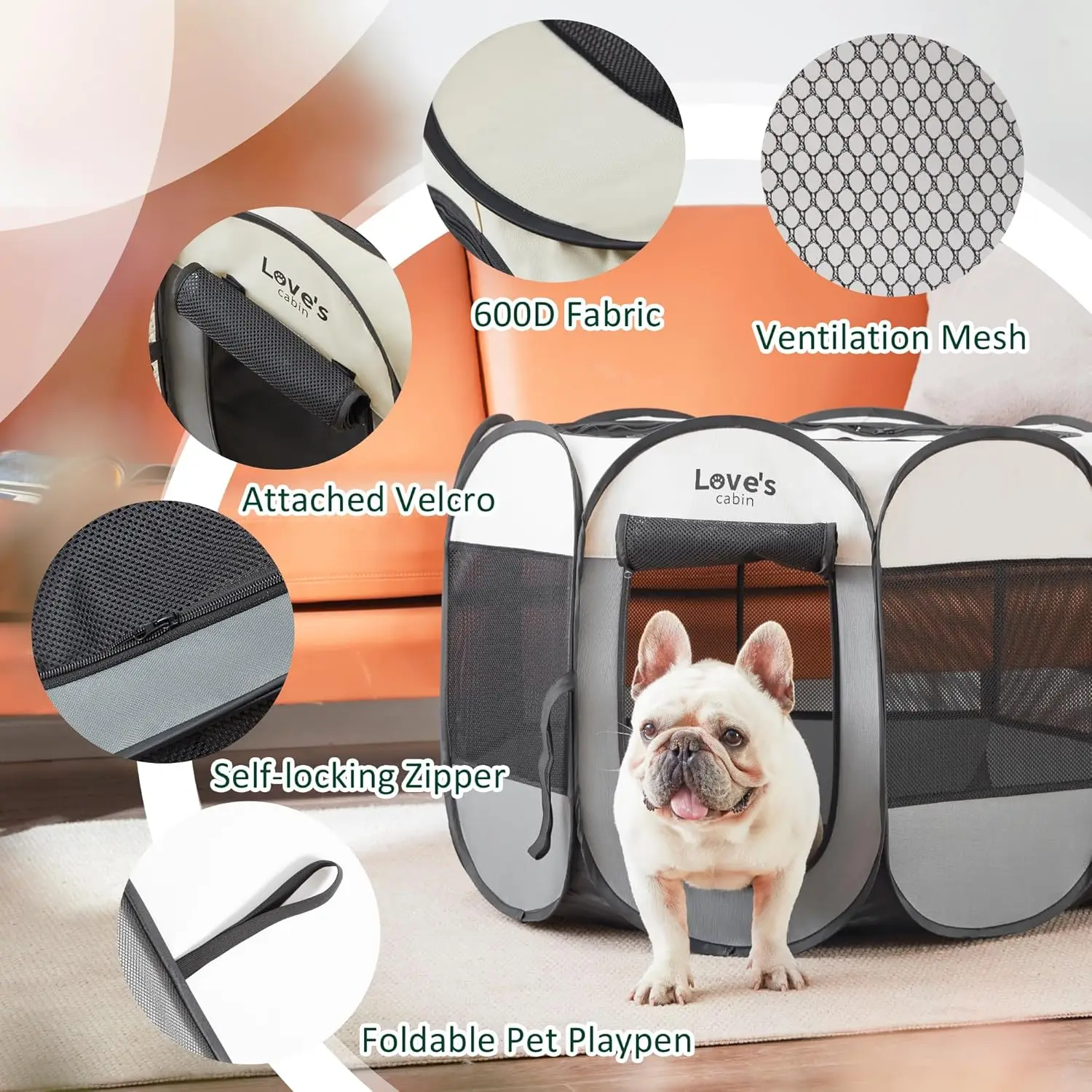 Portable Playpen for Dog and Cat, Foldable Pop Up Dog Kennel Playpen with Carring Case, Removable Zipper Top, Grey