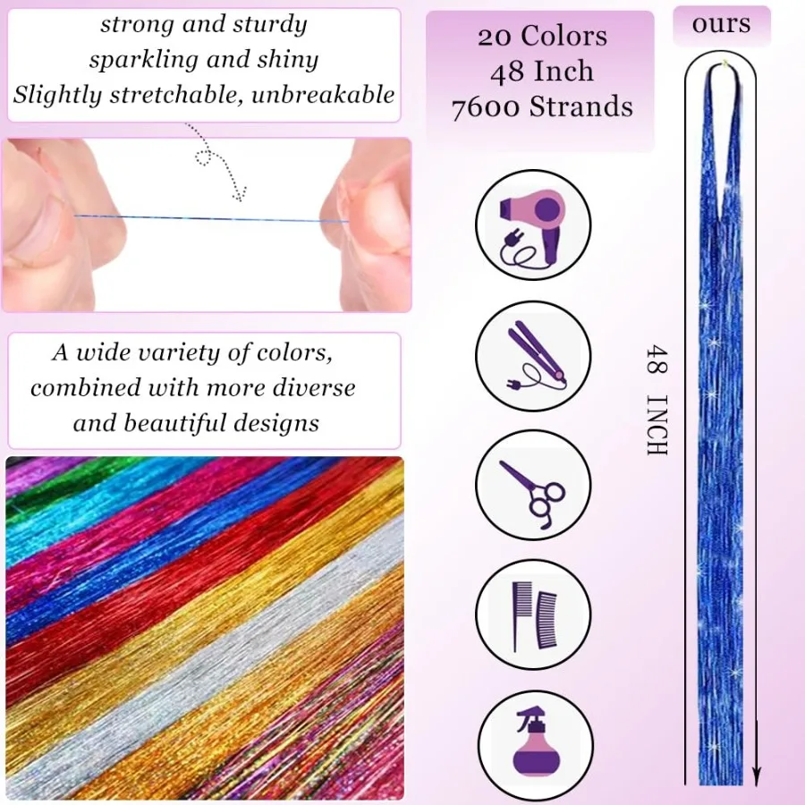 Kit de oropel para el cabello de 20 colores con herramientas para extensiones de cabello de hadas de 48 pulgadas, hebras de brillo holográfico resistentes al calor, fiesta brillante