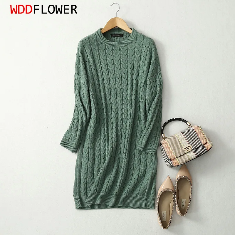 Women\'s 85% Silk 15% Cashmere Thick Warm Crew Neck Long Loose Type Pullover cableknit Sweater Dress Top  LY004