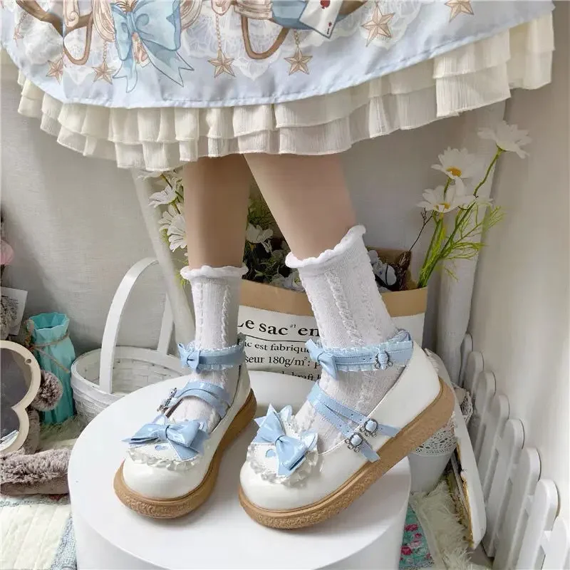 Lisapie Blue Lolita Shoes Sweet Bow Buckle Strap Cosplay Shoes Woman Solid Color Patchwork Lace Flat platform Mary Jane Shoes