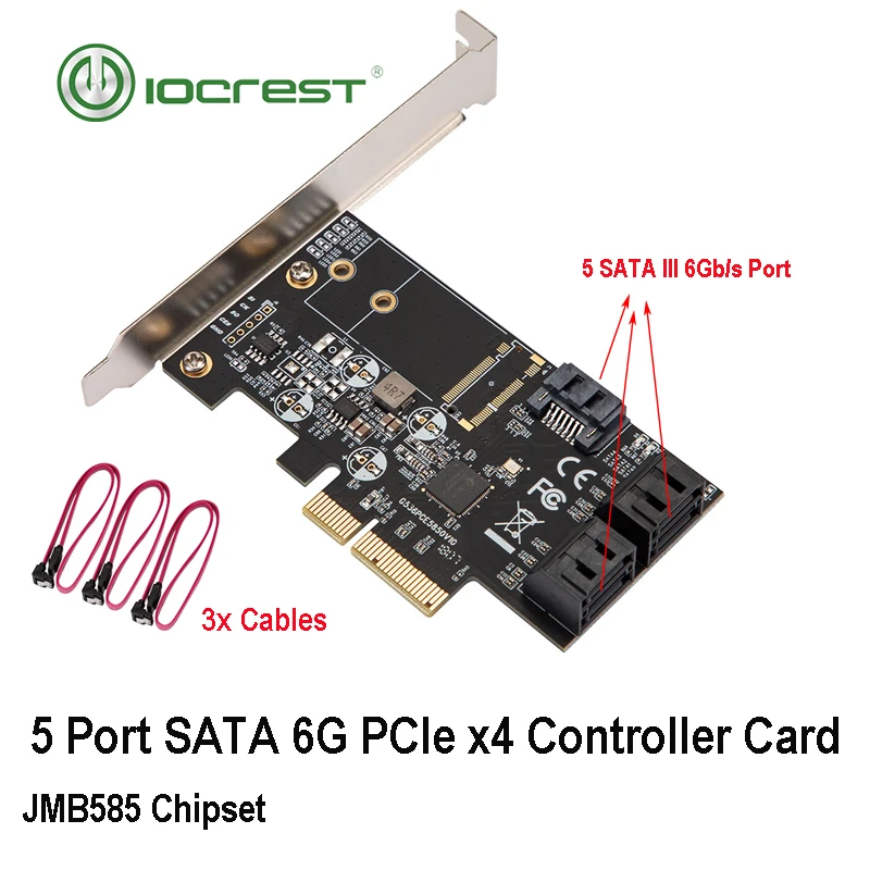 IOCREST PCIe Gen3 x4 slot to 5 Port SATA III 6Gbp/s Non-Raid Controller Card JMB585 Chipset Support Plug and Play with 3 Cables