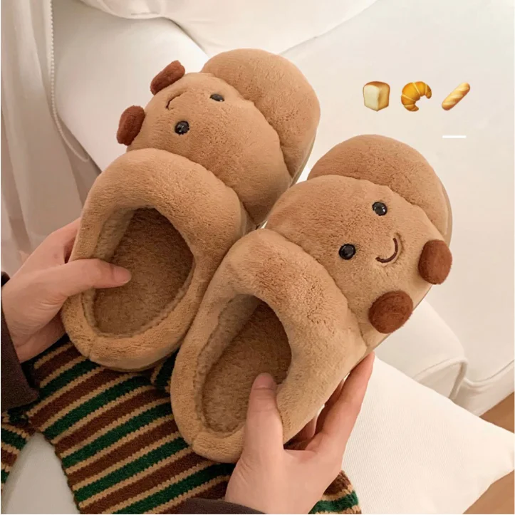 

Fun Croissant Bread Fluffy Slippers for Women Men Winter House Shoe Cute Cartoon Home Floor Anti-slip Couples Warm Cotton Slides
