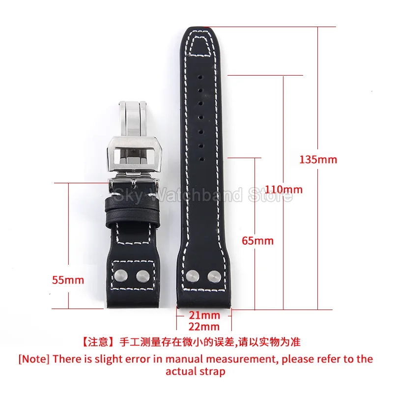 For IWC Le Petit Prince Spitfire Pilot's 20 21mm Black Genuine Leather Watch Strap Flat Interface Folding Buckle Soft Breathable