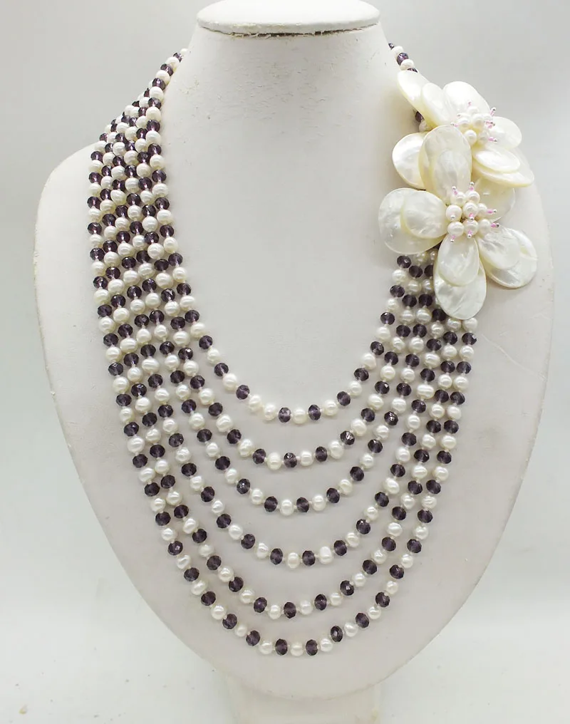 Pretty! 6 rows of natural white pearls / crystal shell flowers, classic bridal wedding necklace