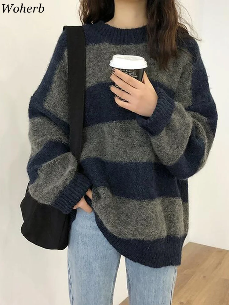 Woherb Women Oversized Thin Sweater Vintage Striped Loose Pullover Streetwear Autumn Knitted Jumper Femme 2024 Sueter Mujer