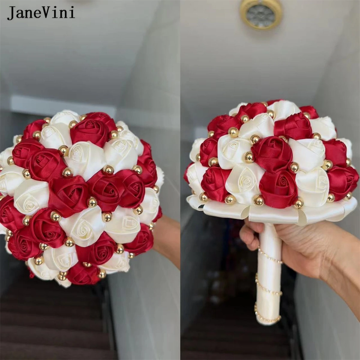 JaneVini Elegant Europe Style Burgundy Ivory Brooch Bouquet Wedding Flower Artificial Satin Roses Customize Pearl Bridal Bouquet