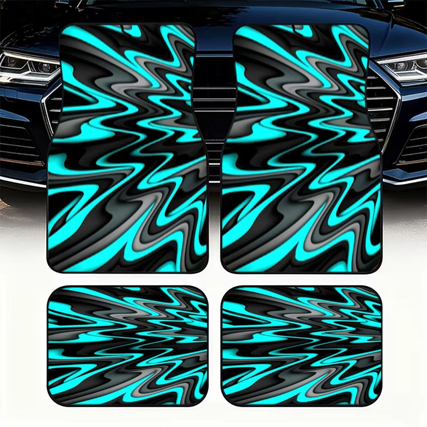 4pcs Set Car Floor Mats | Abstract Wavy Pattern In Black, Gray, Cyan, Polyester Material, Dynamic Visual Design, Universal Fit F