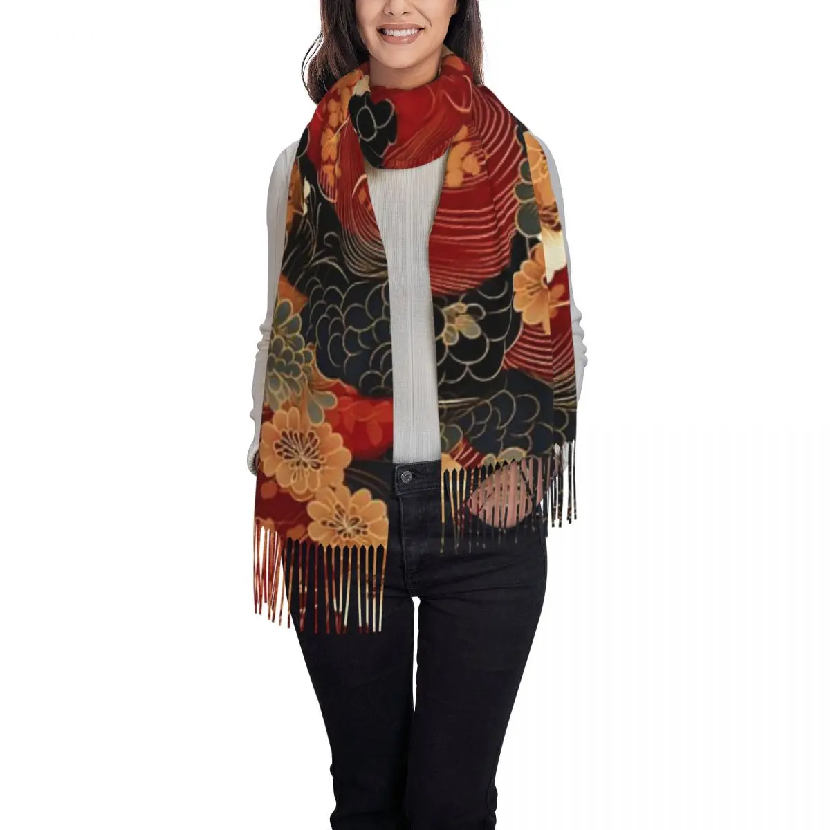 Lindas flores cachecol borla cachecóis para mulheres xales e envoltórios macios e quentes grande outono inverno xale envoltório