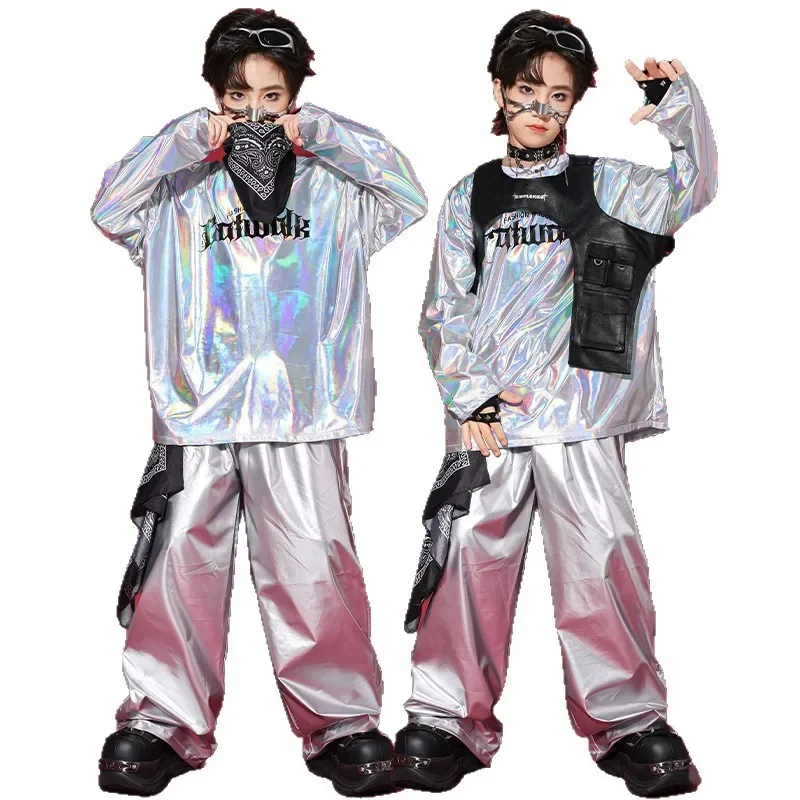 

Teenager's Hip-hop Dance Street Dance Performance Costumes Boys' Hip-hop Vest Set, Children's Silver Stage Performance Costume
