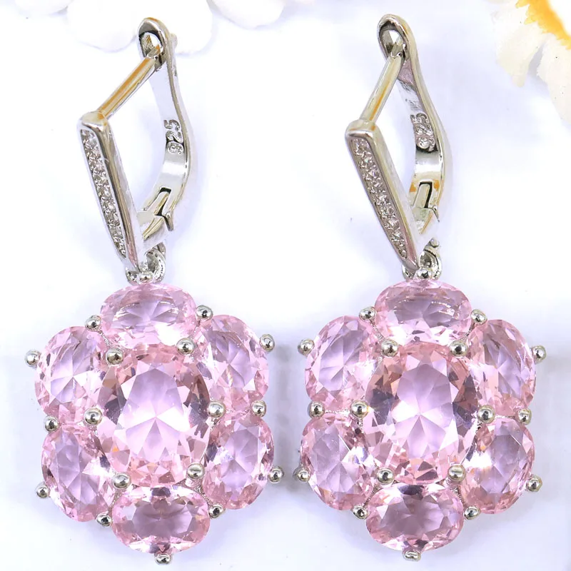 38x17mm SheCrown Created Tanzanite Pink Kunzite London Blue Topaz CZ Women Dating Silver plated Earrings
