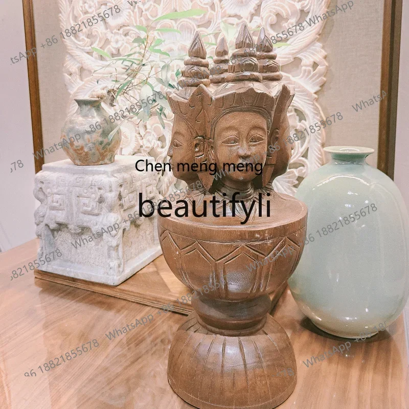 X FH  Featured Handcrafted Solid Wood Carved Buddha Statue Ornament Zen Style Living Room Desktop Decoration
