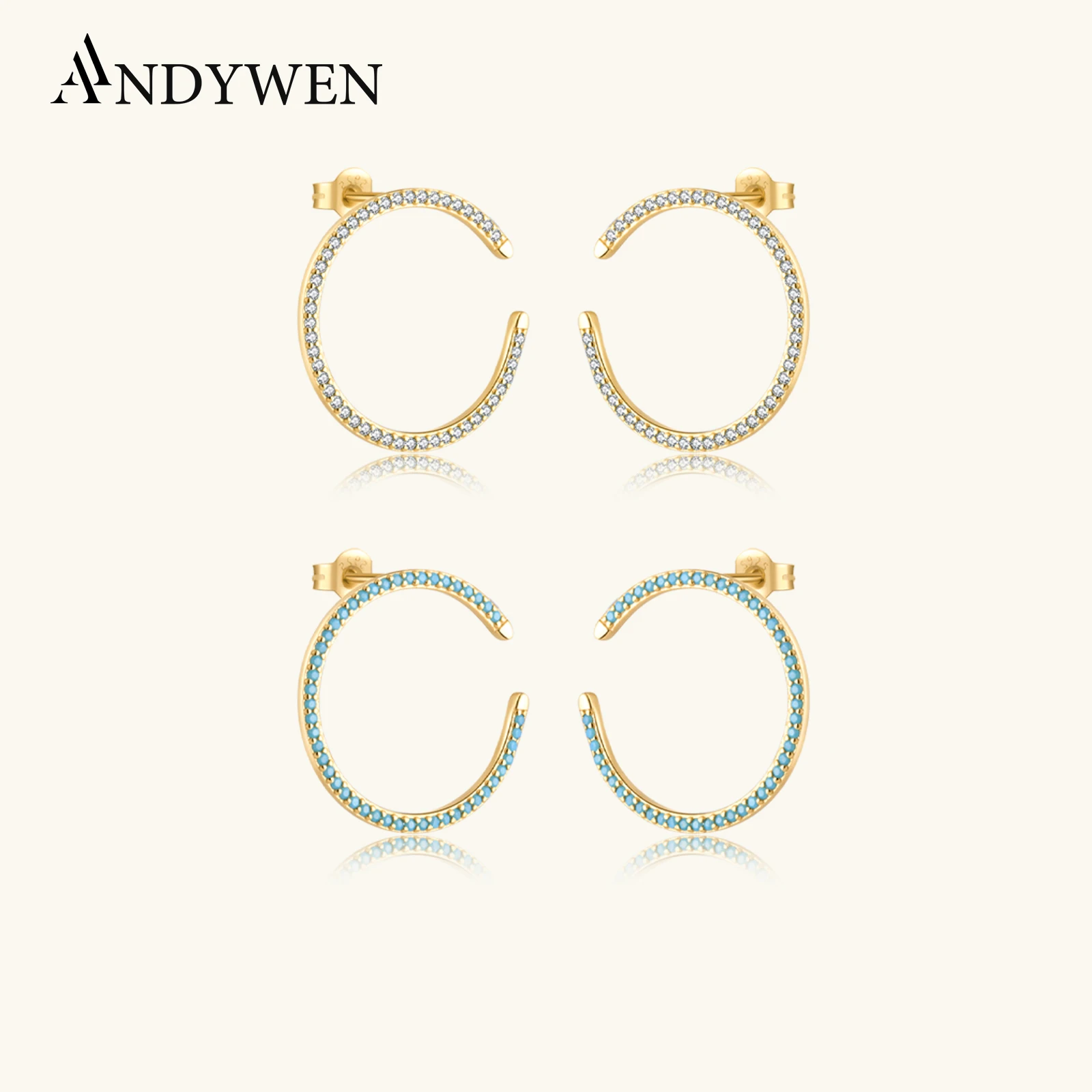 

ANDYWEN 925 Sterling Silver Big Circle Zircon CZ Piercing Stud Earrings 2025 Luxury Women Party Fine Jewelry Crystal Gift