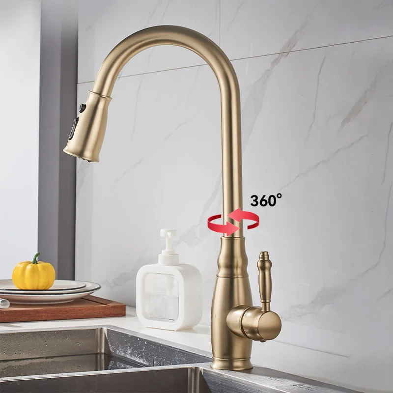Kitchen Pull Out Down Faucet Deck Mount Brush Gold Copper Tap Modern Luxury 360 Degree Rotation Swivel Crane Chrome Faucets Tap
